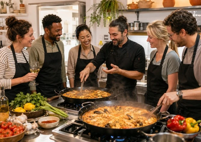Touristen lernen in Alicante, Paella zu kochen.