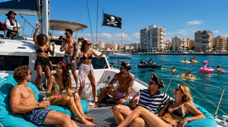 Gruppe von Touristen, die eine Piratenparty auf einem Katamaran vor der Küste von Torrevieja genießen, mit Musik, Getränken, aufblasbaren Wasserspielzeugen und Badenden im Meer.