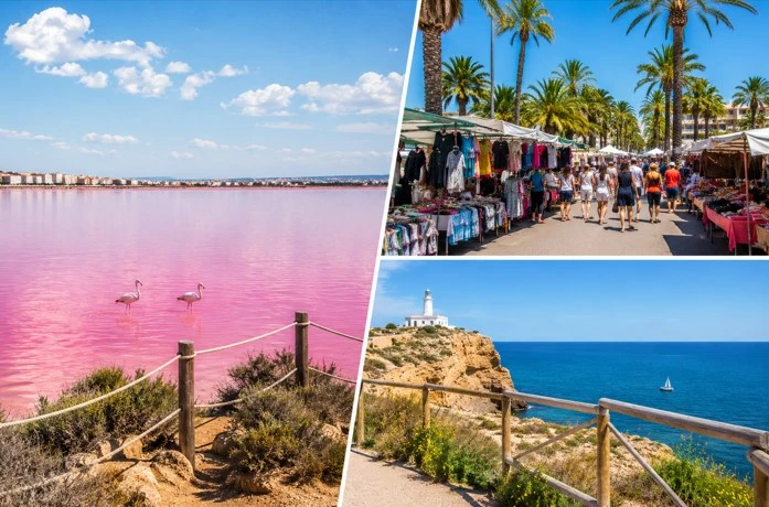 Rosa Lagune von Torrevieja mit Flamingos, lokaler Markt mit Palmen und Aussichtspunkt am Leuchtturm von Santa Pola über dem Mittelmeer.