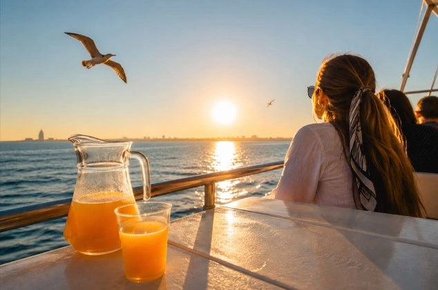Karaffe und Glas mit Getränk auf dem Tisch eines Katamarans bei Sonnenuntergang, mit einer Touristin beim Blick auf das Mittelmeer und zwei Möwen am Horizont.