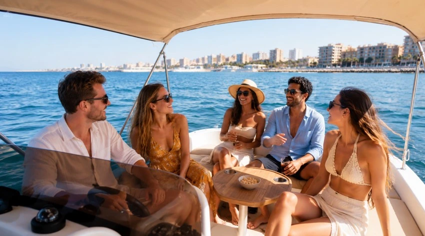 Gruppe von Touristen bei einer privaten Bootstour durch die Bucht von Torrevieja, mit dem Mittelmeer und der Küste im Hintergrund.