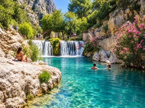 Touristen baden in den natürlichen Wasserbecken der Algar-Wasserfälle in Alicante, umgeben von Wasserfällen und üppiger Vegetation.