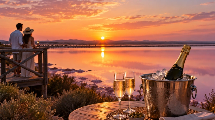 Romantischer Sonnenuntergang an der Rosa Lagune von Torrevieja mit einem Paar und zwei Gläsern Cava.