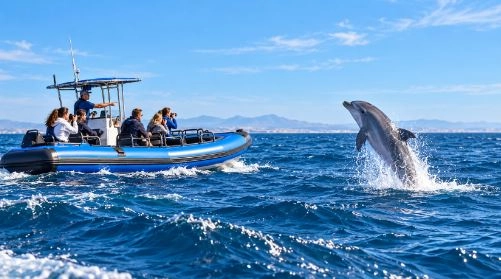 Touristen beobachten und fotografieren einen springenden Delfin vor der Küste von Guardamar del Segura.