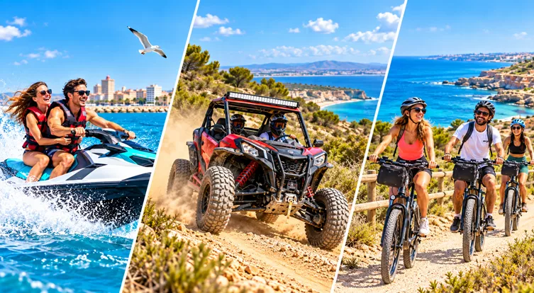 Aktivitäten in Torrevieja: Touristen auf einem Jetski im Mittelmeer, eine Buggy-Tour auf einem Feldweg und eine E-Bike-Tour entlang der Küste.