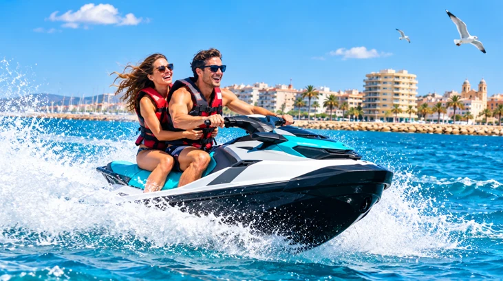 Zwei Touristen fahren mit einem Jetski vor der Küste von Torrevieja, mit Schwimmwesten, blauem Meer, Wasserspritzern und Möwen am Himmel.