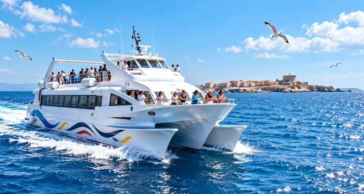 Katamaran auf dem blauen Meer auf dem Weg zur Insel Tabarca, mit Passagieren an Bord, fliegenden Möwen und der Silhouette der Insel im Hintergrund.