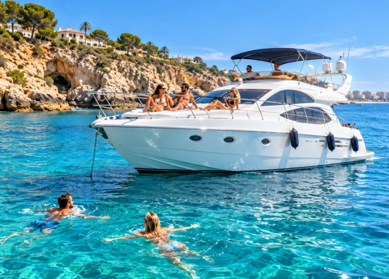 Luxusyacht vor der Küste von Torrevieja mit türkisblauem Wasser, badenden Touristen und mediterranen Felsen im Hintergrund.