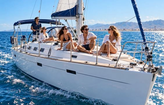 Private Bootstour vor der Küste von Valencia mit Touristen, Getränken und Blick auf das Mittelmeer.